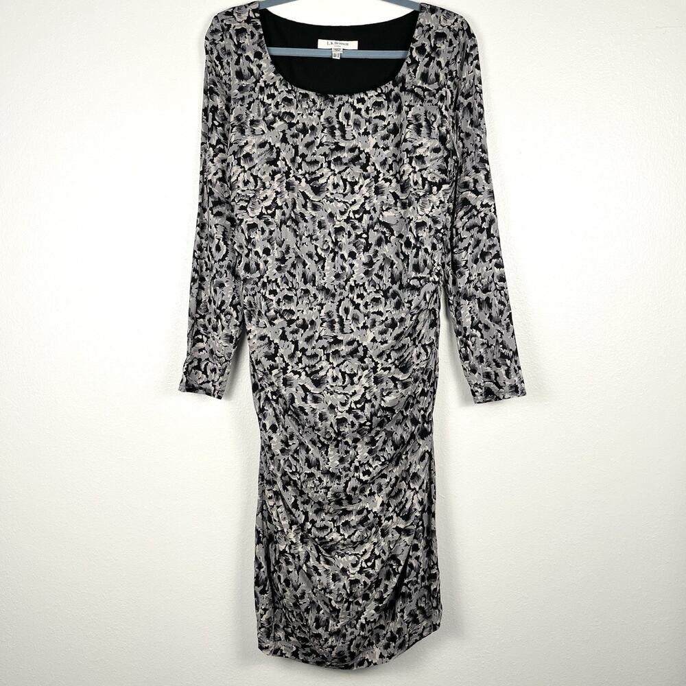 L.K. Bennett Size 12 US 16 UK Gray Animal Print Long Sleeve Ruched Sheath Dress